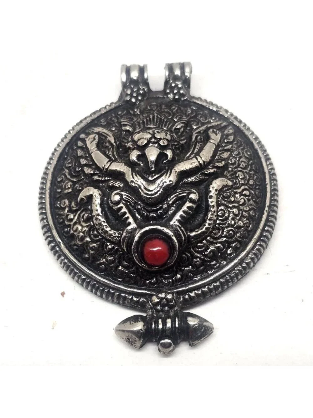 Vintage Silver-Tone Tribal Pendant With Red Imitation Gemstone & Mythical